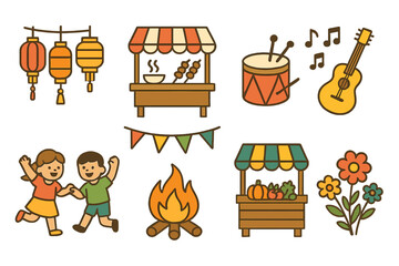 Village Festival Illustrations. Flat vector mini-illustrations village festivals in colors children's illustrations: lanterns,
