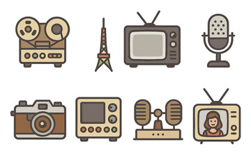 Vintage Broadcast Icons. Flat vector mini-illustrations TV tower history in colors children's illustrations: old broadcast