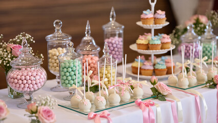 Colorful wedding candy bar with cake pops, cupcakes and glass jars filled with pastel sweets. Elegant dessert table with floral decor and ribbons.