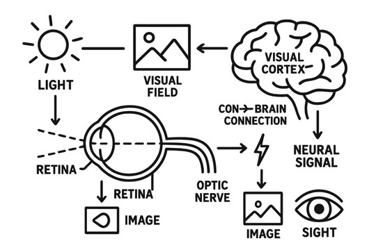 Visual System Diagram. Hand-drawn doodle illustration visual system eye, optic nerve, retina, brain, visual cortex, light beam,
