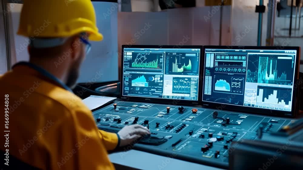 Aufkleber worker in yellow hardhat and safety gear analyzing complex data graphs on multiple computer screens.
