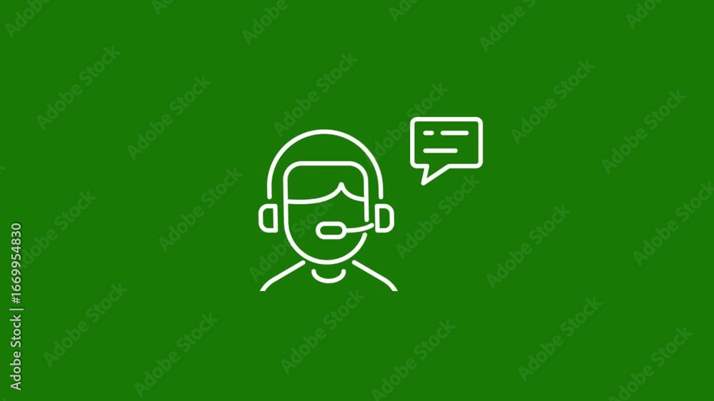Poster animated customer support agent with headset, computer, and chat bubble icon animation for remote as