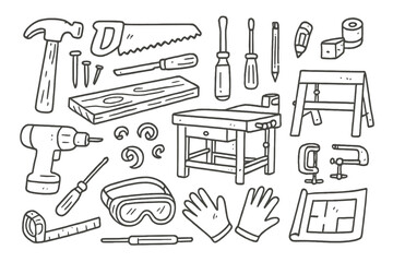 Woodworking Tools Illustration. Hand-drawn doodle illustration handmade woodworking hammer, saw, chisel, wood plank, nails,