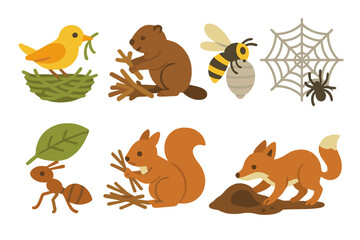 Fototapeta premium Animal Architects Grid. Flat vector mini-illustrations nest-building animals in colors children's illustrations: bird weaving nest