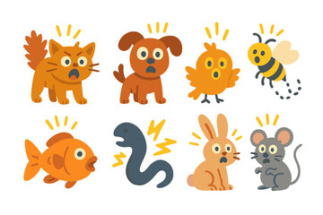 Fototapeta premium Animal Shock Reactions. Flat vector mini-illustrations shock reactions in animals in colors children's illustrations: startled cat
