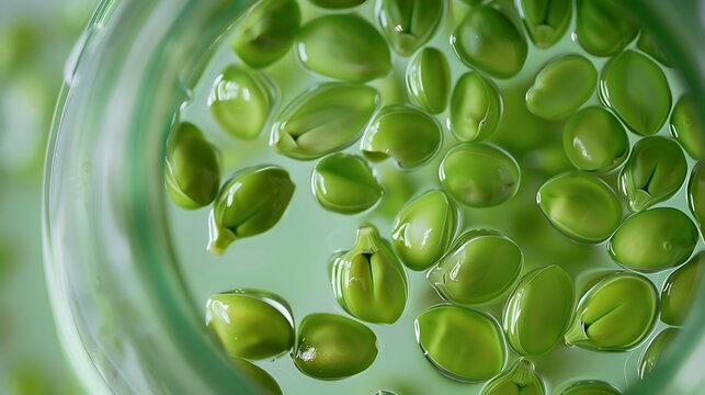 Zoomed-In View of Lustrous Seeds Buoyant in Luminous Green Elixir, Signifying the Healing Power of Natural Anti-Inflammatory Elements
