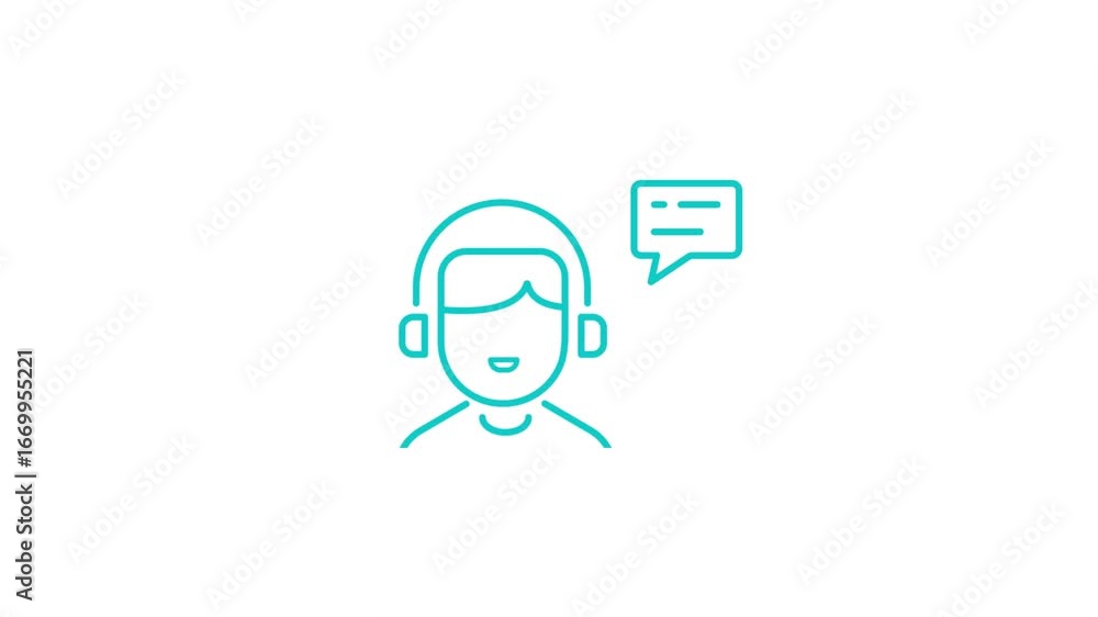 Poster animated customer support agent with headset, computer, and chat bubble icon animation for remote as