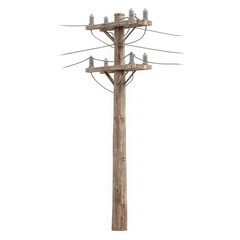 Weathered wooden utility pole with multiple crossarms and electrical wires isolated on transparent background