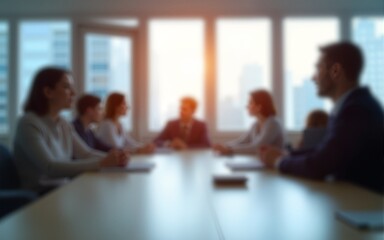 Blur office meeting blurred background with business people working group in boardroom discussion for teamwork brainstorming, executive seminar or professional training in small startup enterprise