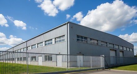 Large industrial building with a metal fence and a clear sky.