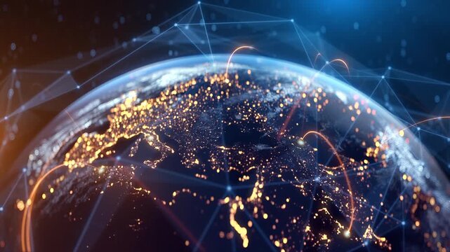 Global Connection Lines. Network Data Transfer Over Earth. Futuristic AI Technology, 5G, Satellite Communication, Internet Connectivity, Big Data, Digital World Background Animation. Crypto Exchange