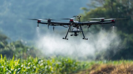 Flying drone sprays field. Agriculture technology, future of farming