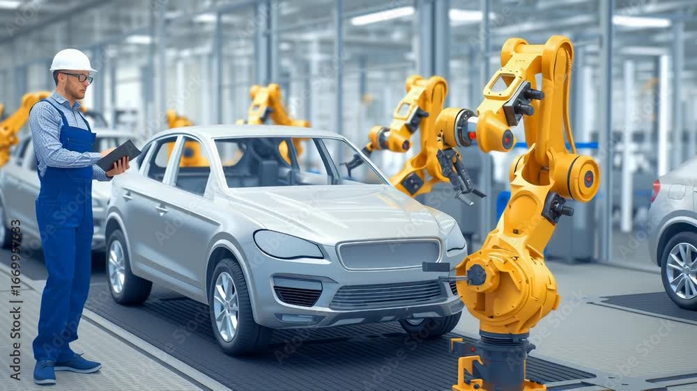 Poster High-tech manufacturing facility showcases advanced robotic assembly line. Professional engineer monitors automated production process using digital tablet technology.