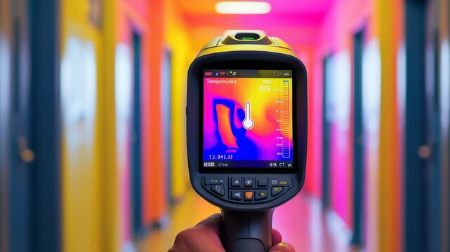 Thermal imaging camera displaying heat signature of a person in a brightly colored hallway with vivid temperature contrasts and infrared detail
