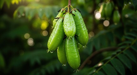 Clusters of unripe, green fruits hang from a branch