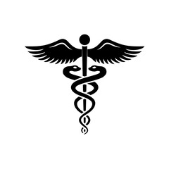 A black caduceus symbol with two snakes coiled around a staff and wings at the top, on a white background.