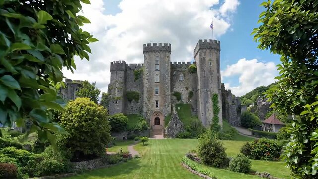 Picturesque medieval stone castle with grand towers, lush green gardens, and a sunny sky. Historic architectural beauty.