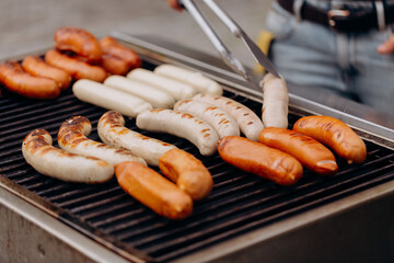grilled sausages on the grill, sausages on grill