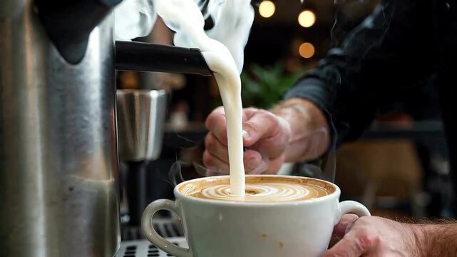 Close-up of a barista crafting a delicious latte with steamed milk and intricate latte art in a warm coffee shop.