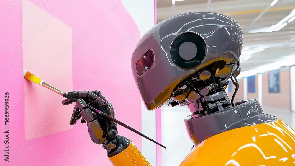 Aufkleber precision-engineered robotic arm delicately manipulates paintbrush across geometric pink surface. hu