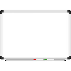 A blank white magnetic dry-erase board with a silver aluminum frame and black corner caps, featuring a small marker tray at the bottom.
