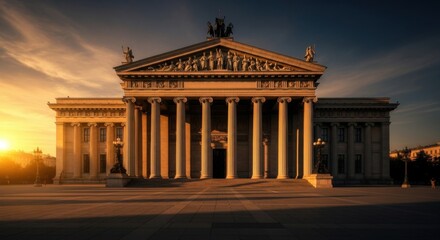 Obraz premium Historic Neoclassical Government Building with Large Columns and Statues at Sunset