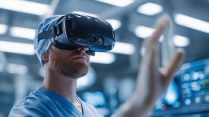 Virtual Reality Doctor: A dedicated surgeon, wearing a VR headset, merges medical expertise with advanced technology. The scene portrays the doctor exploring the future of healthcare.