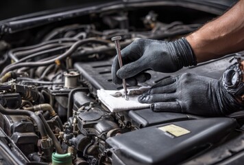Technician inspecting and repairing car engine with tools in a professional garage