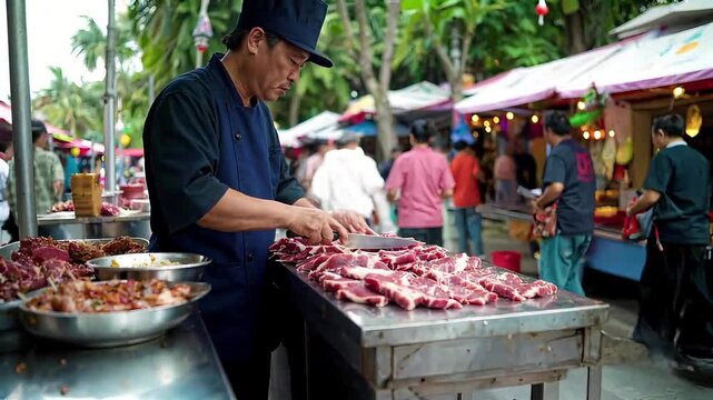 Skilled chef meticulously cuts fresh raw beef steaks at a vibrant outdoor street food market stall, bustling with people.