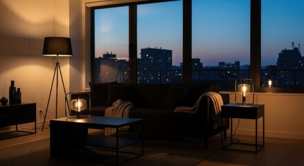 Fototapeta premium Cozy modern living room at dusk, city view