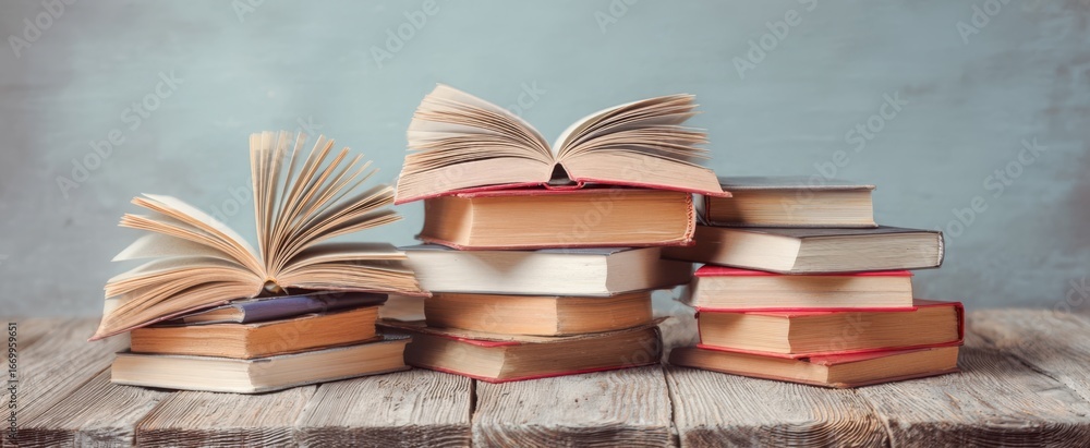 Poster [the books stacked and open on a rustic wooden table for quiet reading]