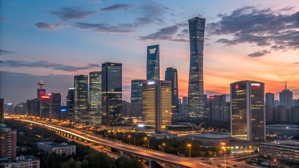 Fototapeta premium Skyline of Beijing CBD area at sunset, with cloud in the sky