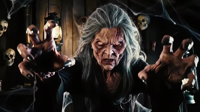 4K Video Creepy Witch with Gnarled Hands in Spooky Setting