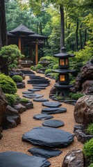 Fototapeta premium Serene Japanese Garden: Illuminated stone lantern, elegant slate stepping stone path on golden gravel leading to traditional wooden pavilion, surrounded by lush foliage, natural rocks.