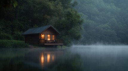 Tranquil cabin by misty lake at dawn amidst lush forest serenity and reflections