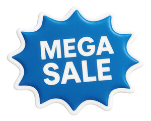 Blue burst sticker with MEGA SALE offer in bold typography, striking retail discount promo on transparent background.