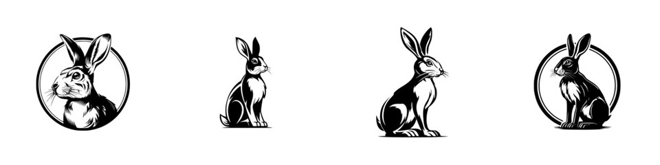 Obraz premium Black and White Rabbit and Hare Stylized Icons, minimalist monochrome icons