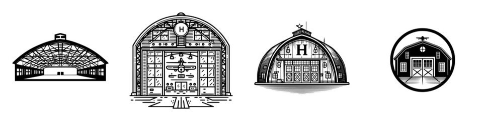 Vintage Aircraft Hangars and Barns Collection, minimalist monochrome icons