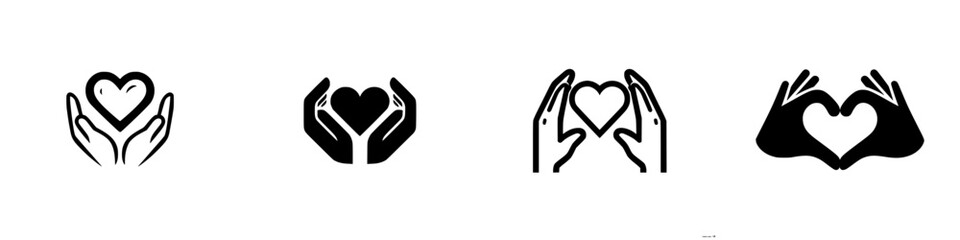 Diverse hands forming heart shapes and holding heart symbol for love and care, minimalist monochrome icons
