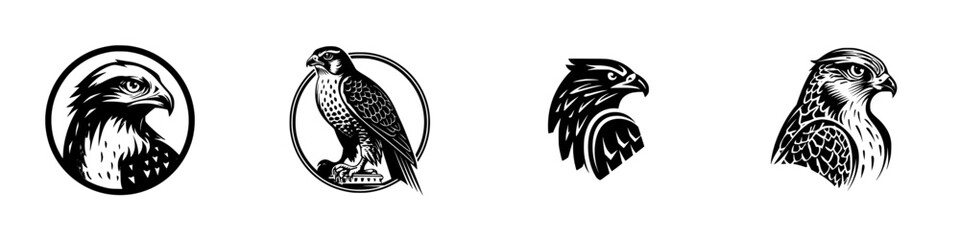Falcon Head and Body Silhouettes, minimalist monochrome icons