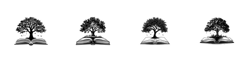 Tree growing from open book with birds flying, symbolizing knowledge and growth, minimalist monochrome icons