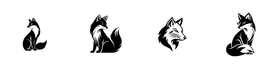Black Fox Silhouettes in Multiple Poses, minimalist monochrome icons