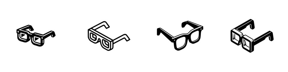 Four isometric eyeglasses icons with thick black outlines on white background, minimalist monochrome icons