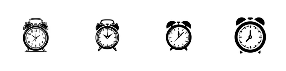 Vintage alarm clocks with bells and stands, black and white icons, minimalist monochrome icons