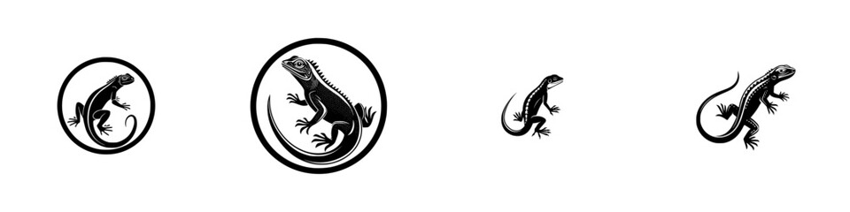 Tribal lizard silhouette in circle, stylized reptile emblem, black and white graphic, minimalist monochrome icons