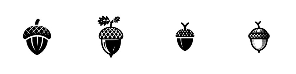 Stylized acorn icons with varied textures and leaf accents, minimalist monochrome icons