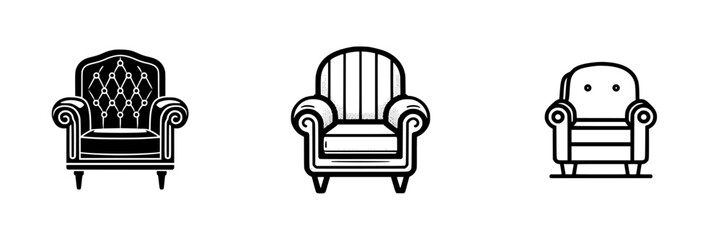 Three classic armchair icons with rolled arms and tufted or striped backs, minimalist monochrome icons