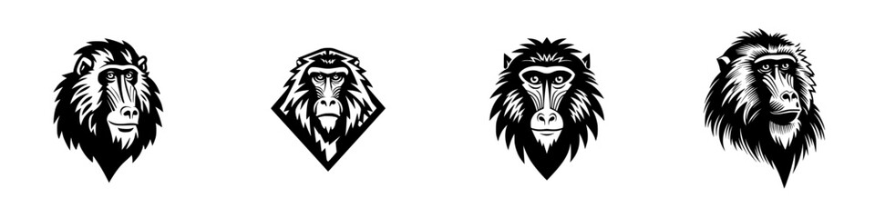 Stylized Monkey Faces Set, minimalist monochrome icons