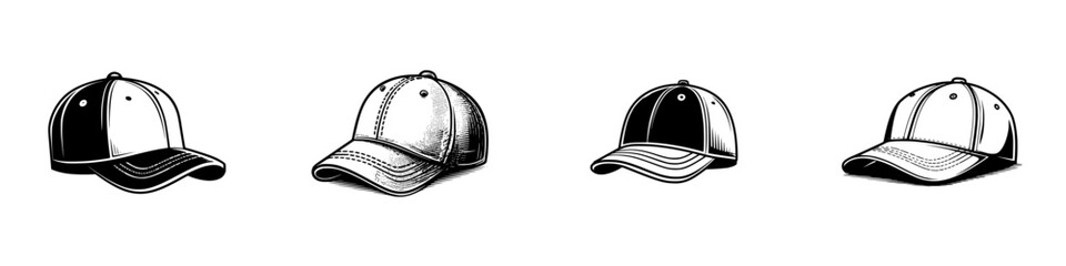 Four vintage baseball caps in black and white, minimalist monochrome icons