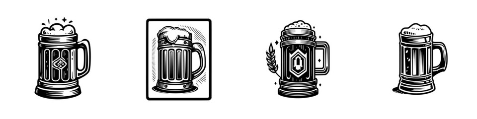 Stylized beer mugs with frothy heads, black and white linework, minimalist monochrome icons